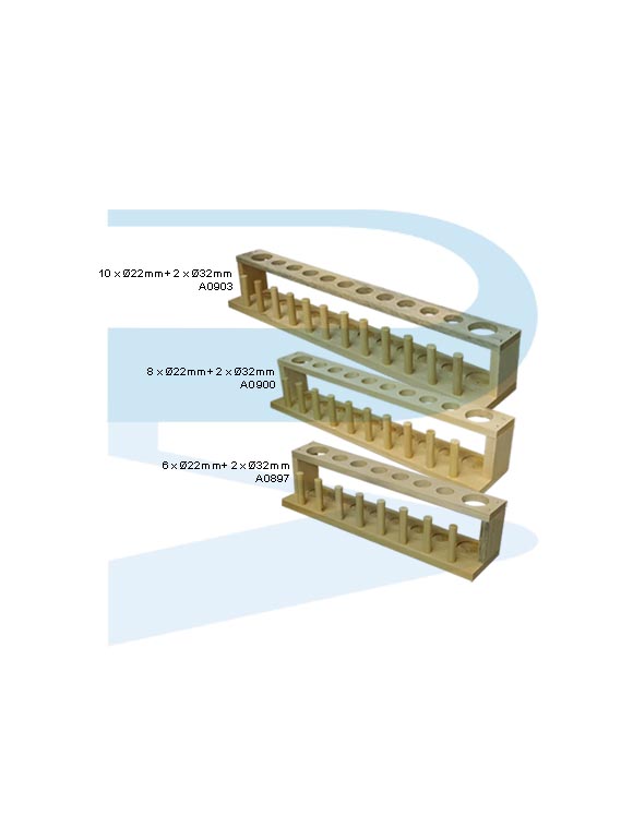 Test Tube Rack, Wooden, Ø22mm+Ø32mm, Economy (6+2 holes/ 8+2 holes/ 10+2 holes)